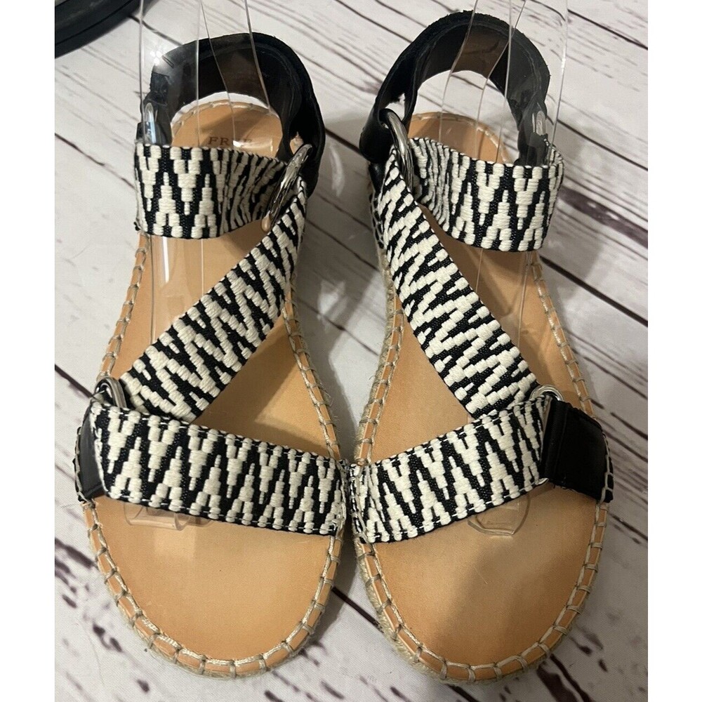 Frye & Co Sandals Women’s 10 Black White Kole Adjustable Espadrille Shoes Aztec